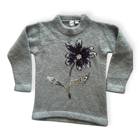 Garnet Hill Chunky Green Mohair Wool Hand Knit Sweater Floral Women's Small Cozy - Picture 1 of 9